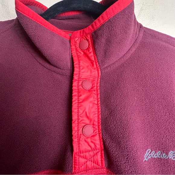 Eddie Bauer Mens Quarter Snap Button Red Fleece Pullover Logo Spell Out Medium - Picture 4 of 15